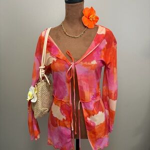 Vibrant Pink and Orange Tie-Front Top